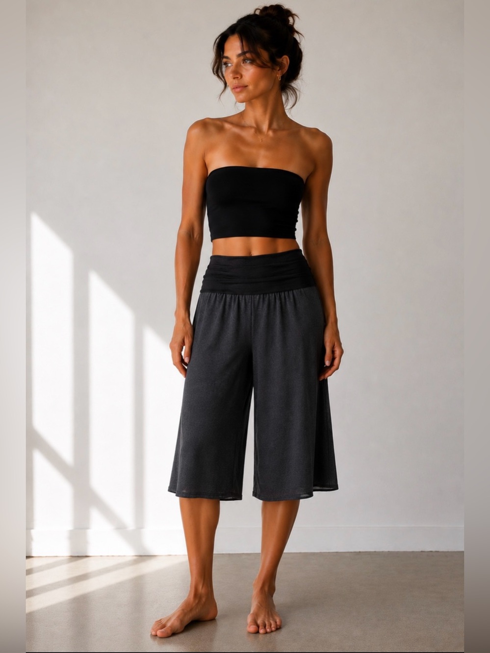 Hard Tail Black Wide-Leg Cropped Capris